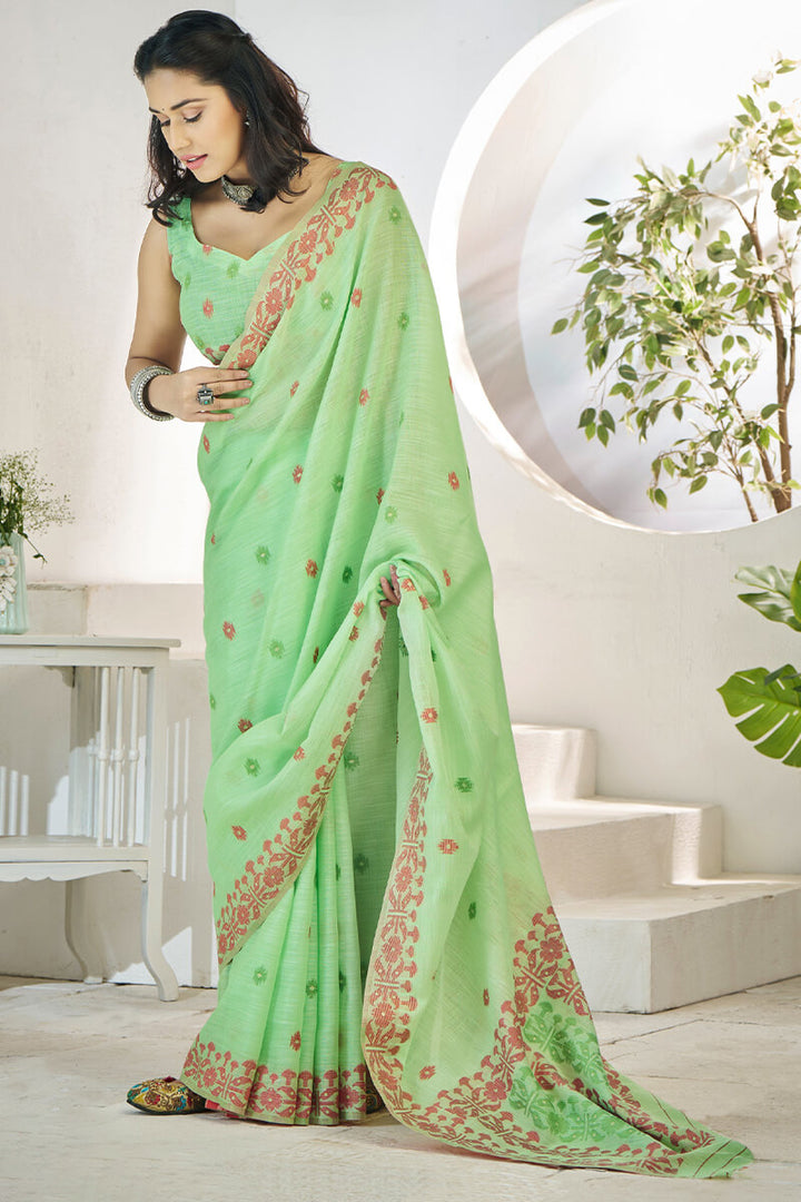 Light Moss Green Soft Linen Silk Saree