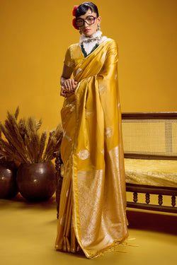 Light Mustard Zari Woven Banarasi Satin silk saree