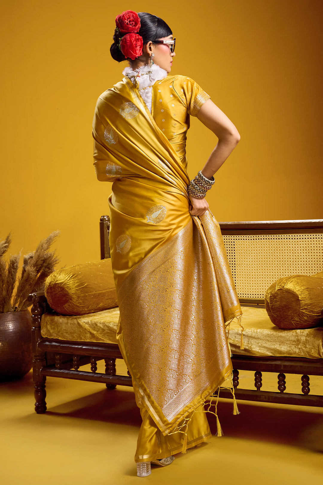 Light Mustard Zari Woven Banarasi Satin silk saree
