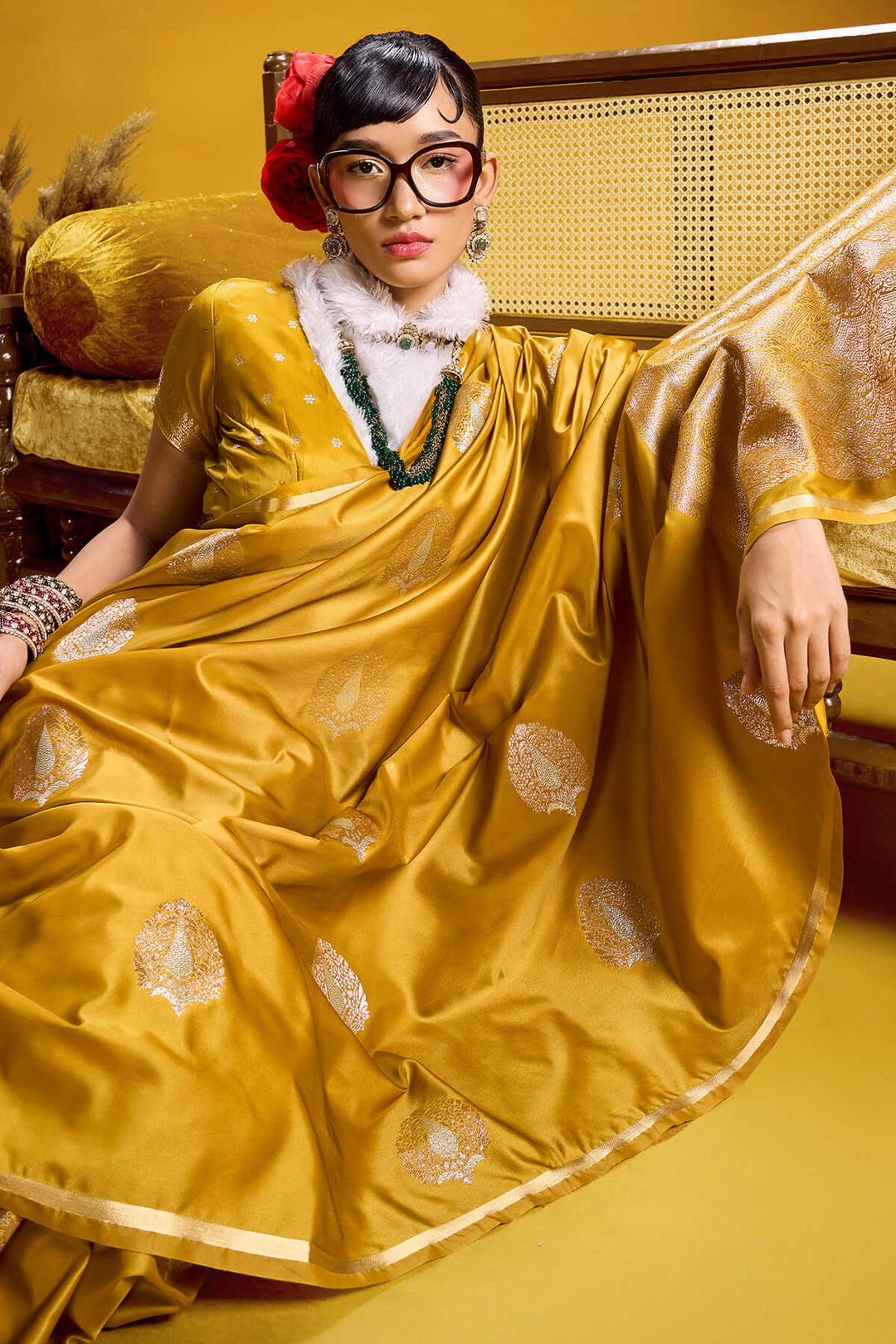 Light Mustard Zari Woven Banarasi Satin silk saree