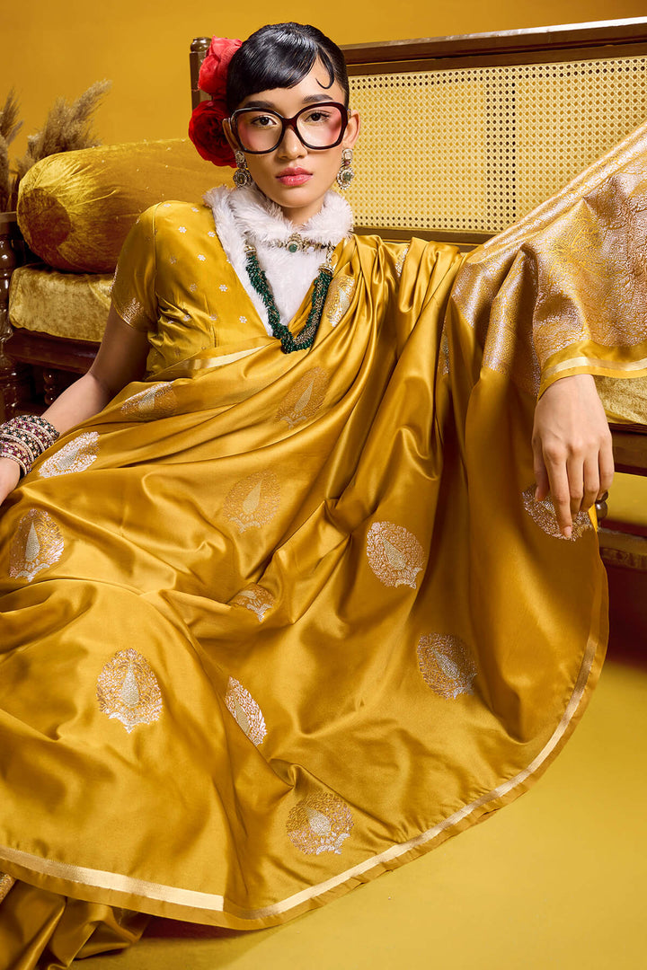 Light Mustard Zari Woven Banarasi Satin silk saree