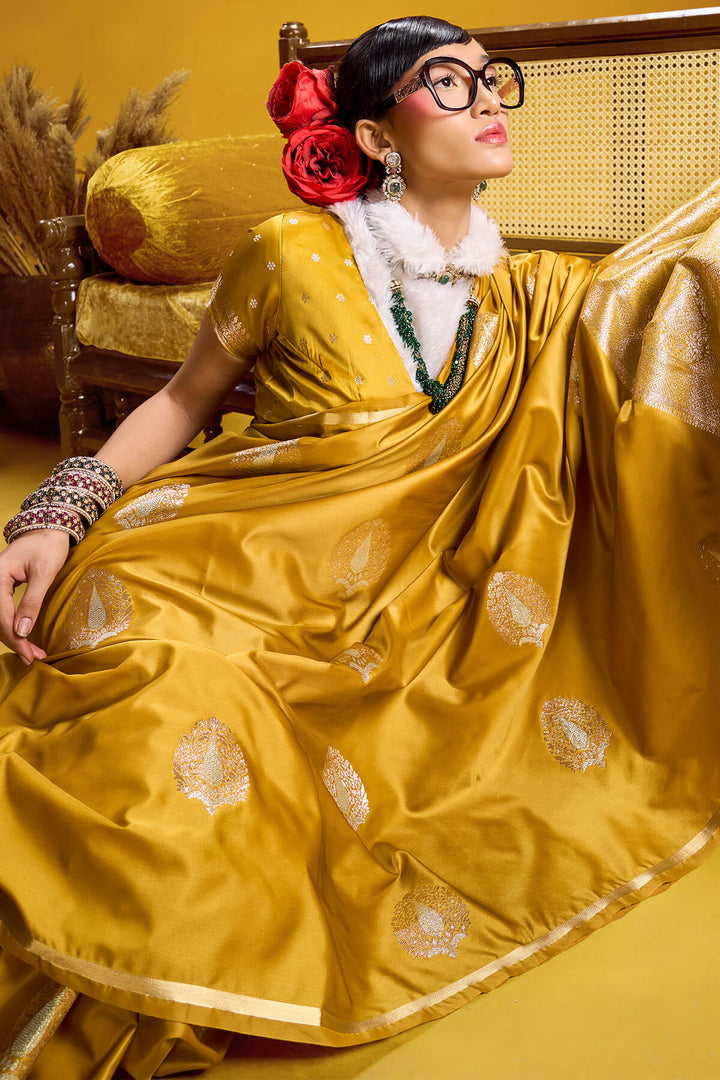 Light Mustard Zari Woven Banarasi Satin silk saree
