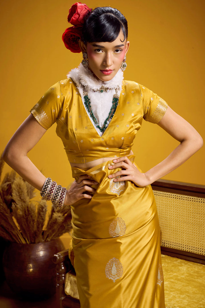 Light Mustard Zari Woven Banarasi Satin silk saree