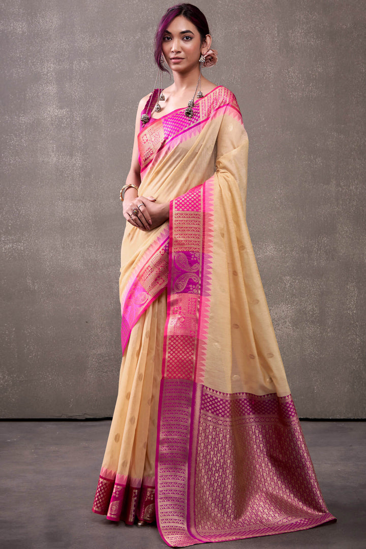 Light Peach Cotton Modal Silk Saree