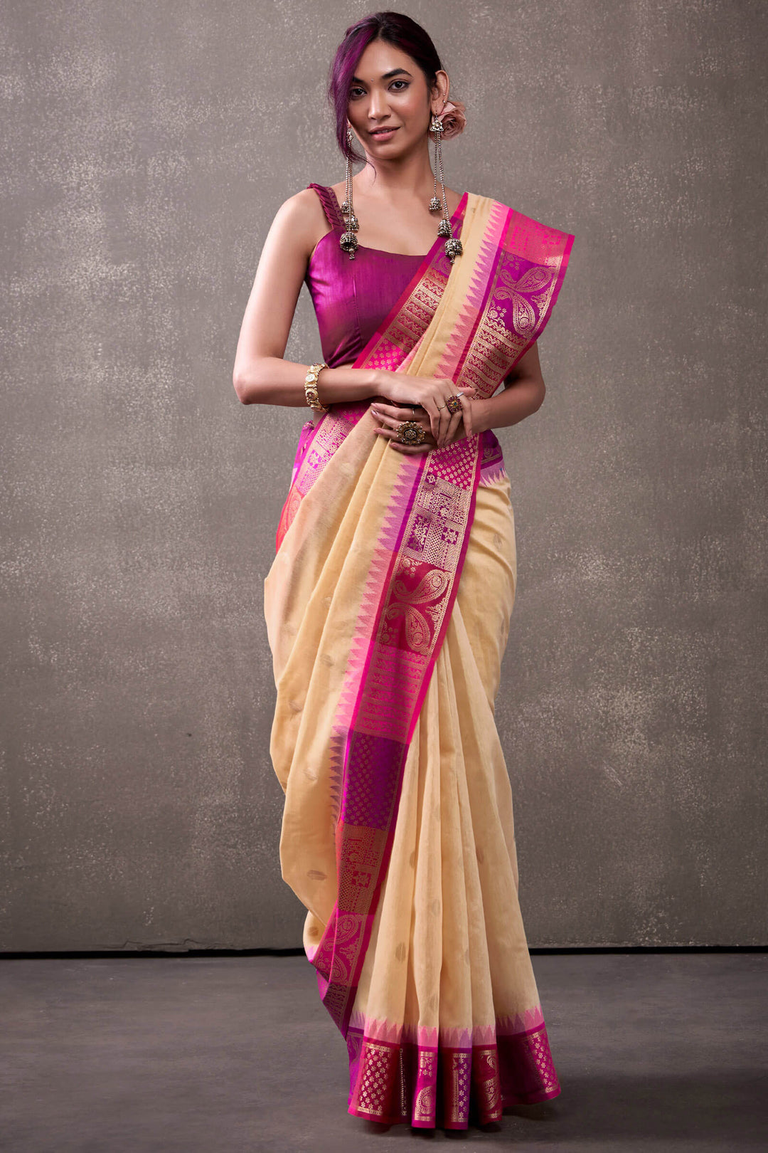 Light Peach Cotton Modal Silk Saree