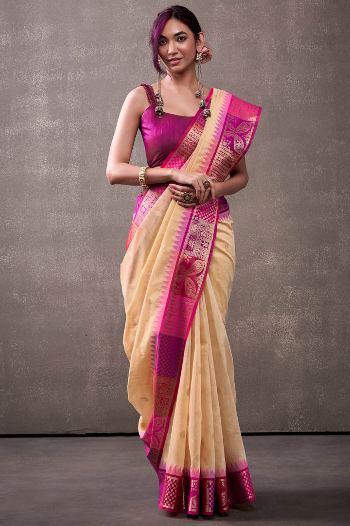 Light Peach Cotton Modal Silk Saree