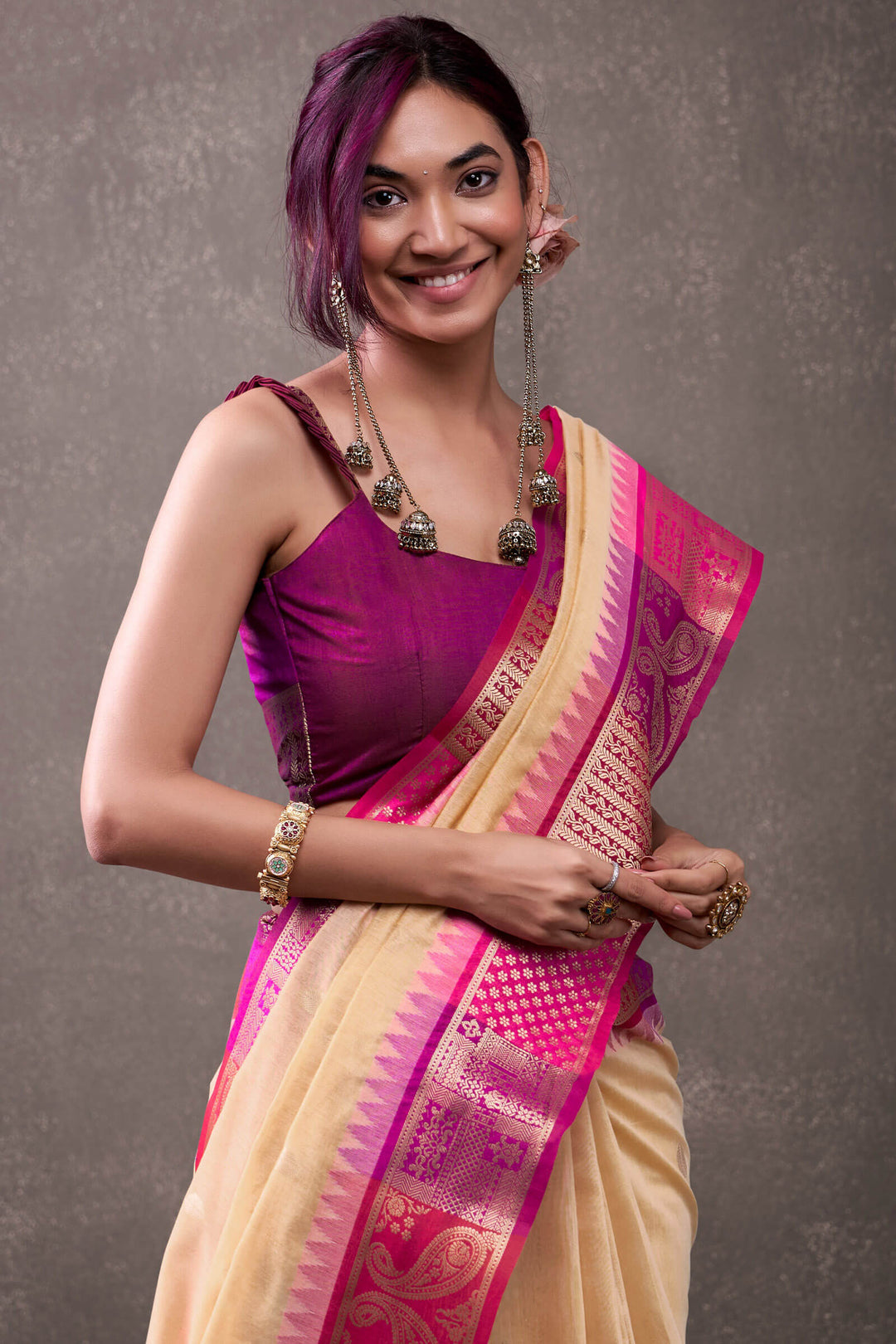 Light Peach Cotton Modal Silk Saree