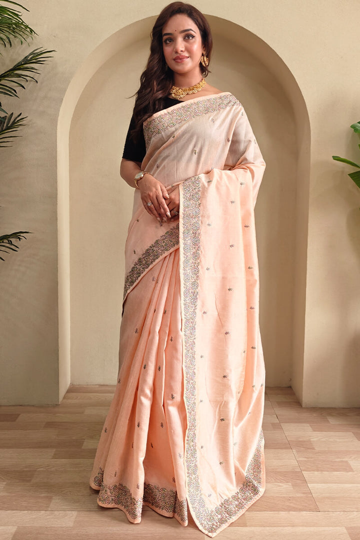 Light Peach Embroidered Pure Loom Tussar Silk Saree