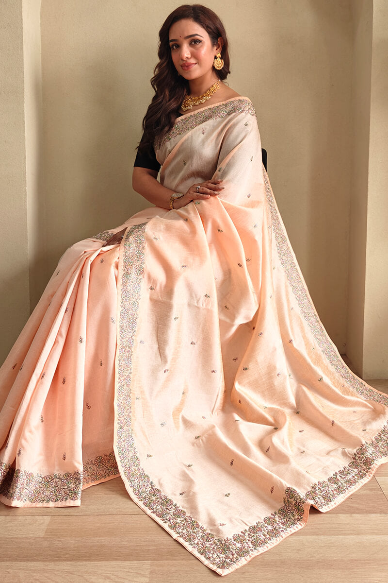 Light Peach Embroidered Pure Loom Tussar Silk Saree