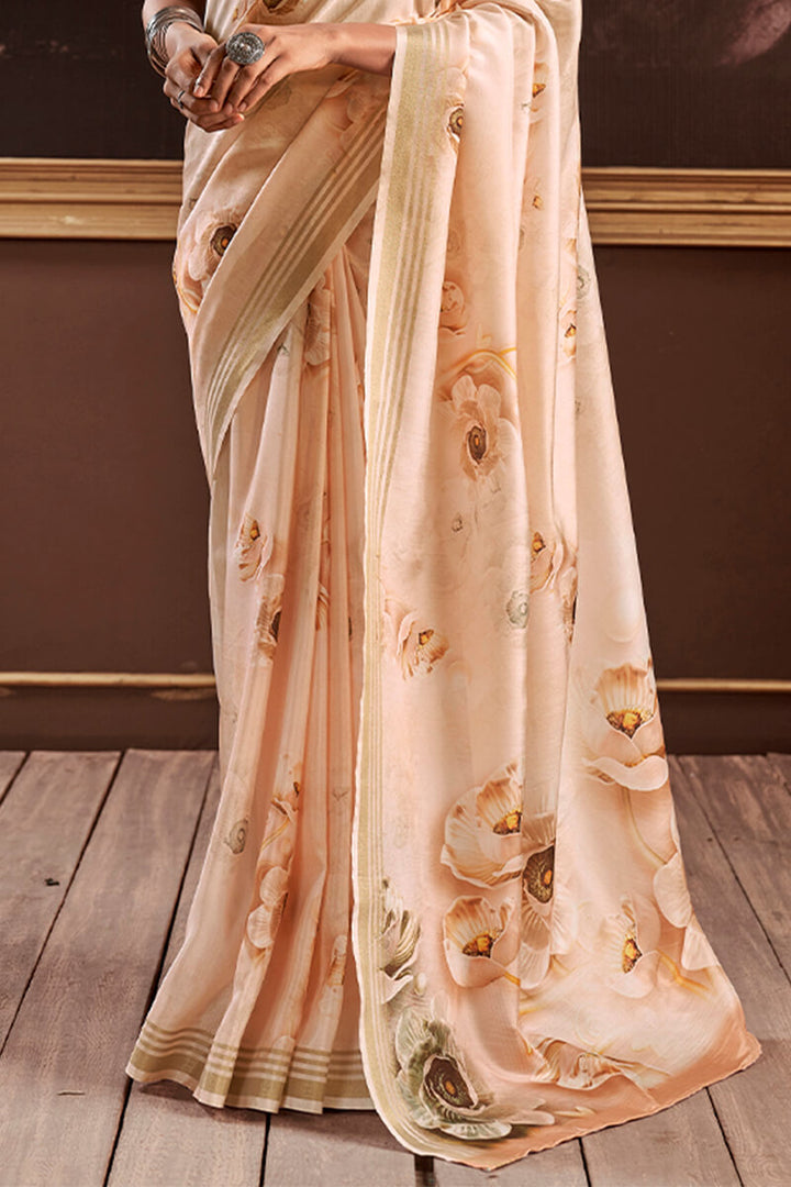 Light Peach Floral Printed Silk Saree