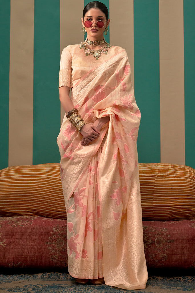 Light Peach Handloom Linen Silk Saree