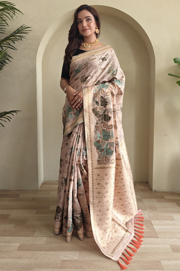 Light Peach Jamdani Woven Cotton Silk Saree