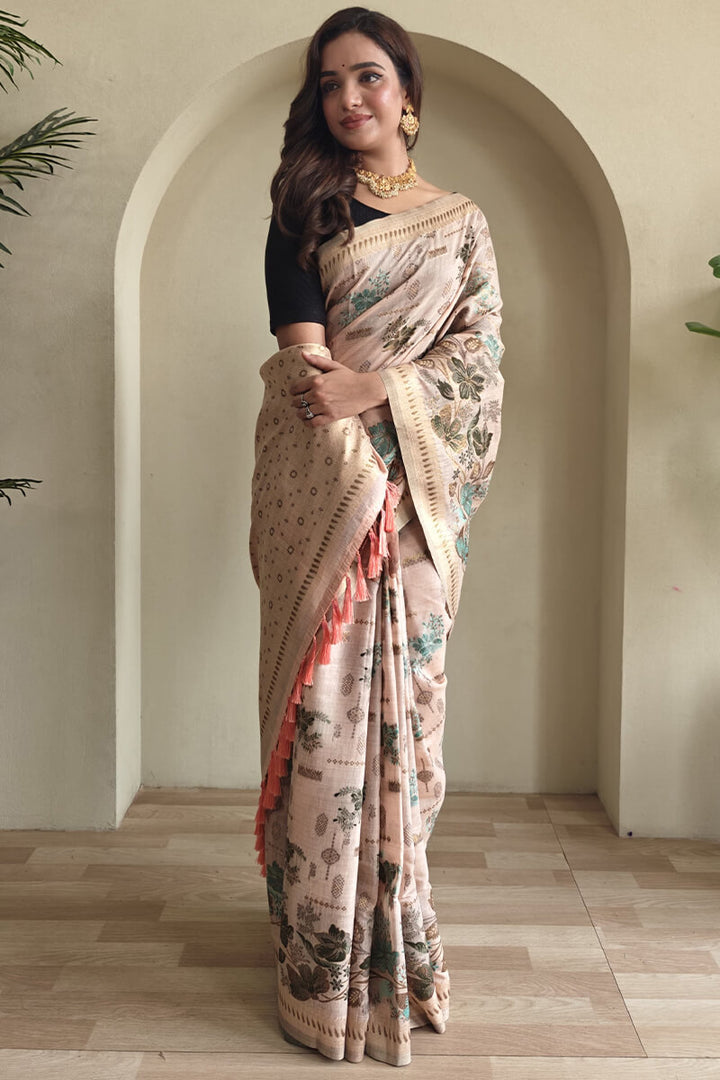 Light Peach Jamdani Woven Cotton Silk Saree