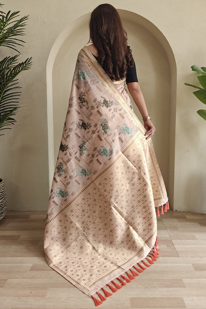 Light Peach Jamdani Woven Cotton Silk Saree