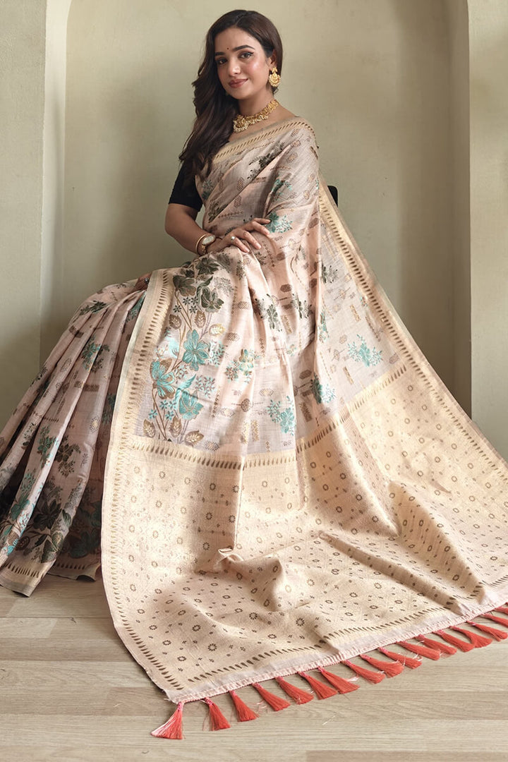 Light Peach Jamdani Woven Cotton Silk Saree
