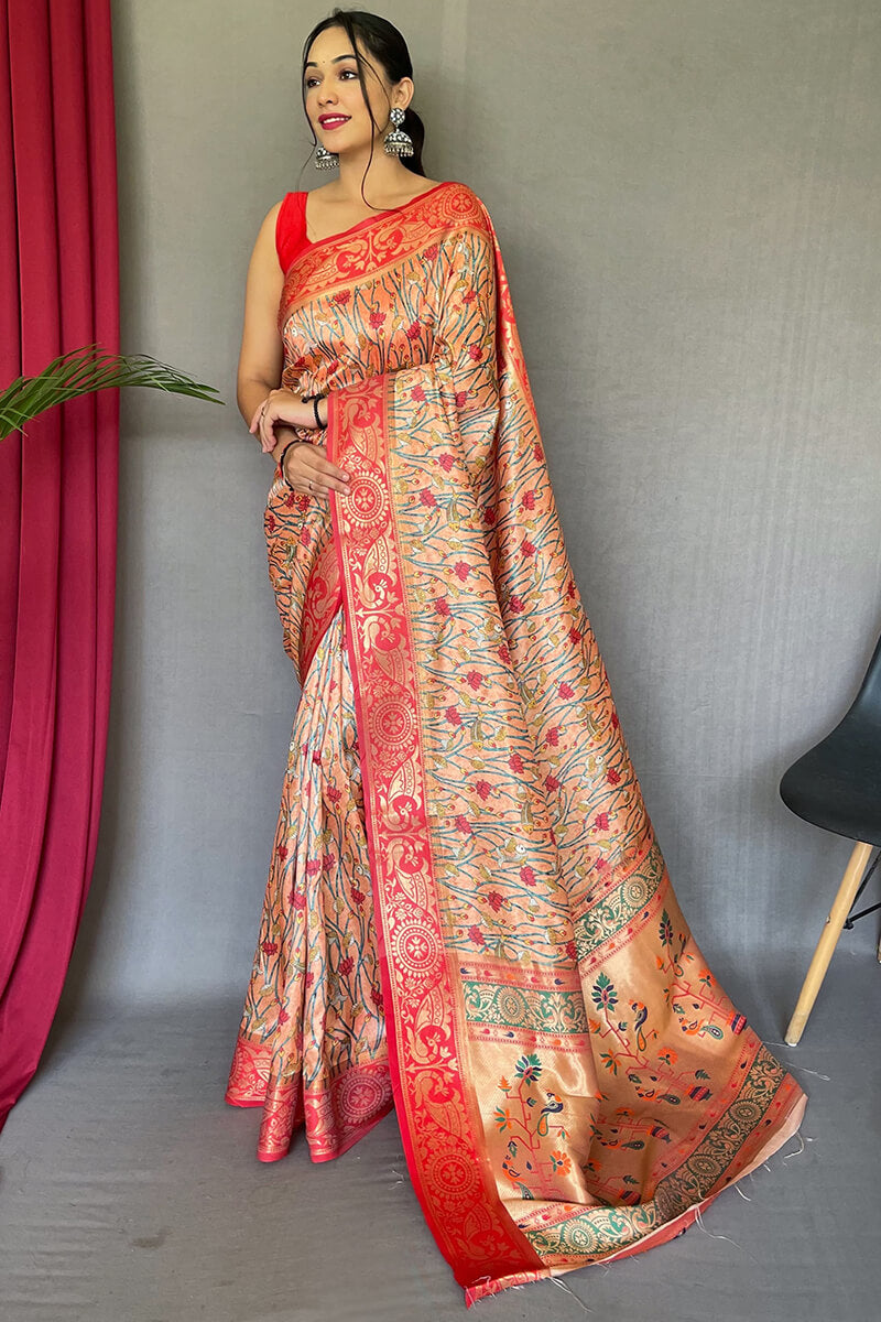 Light Peach Kalamkari Printed Silk Saree