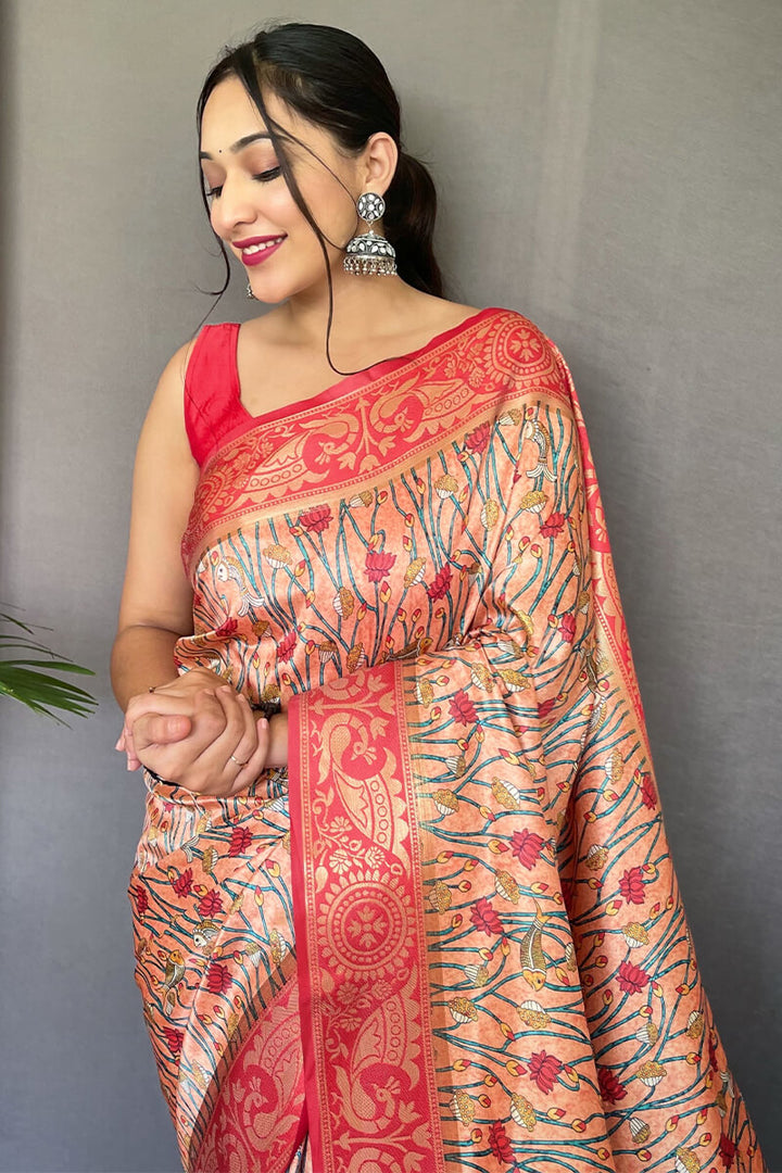 Light Peach Kalamkari Printed Silk Saree