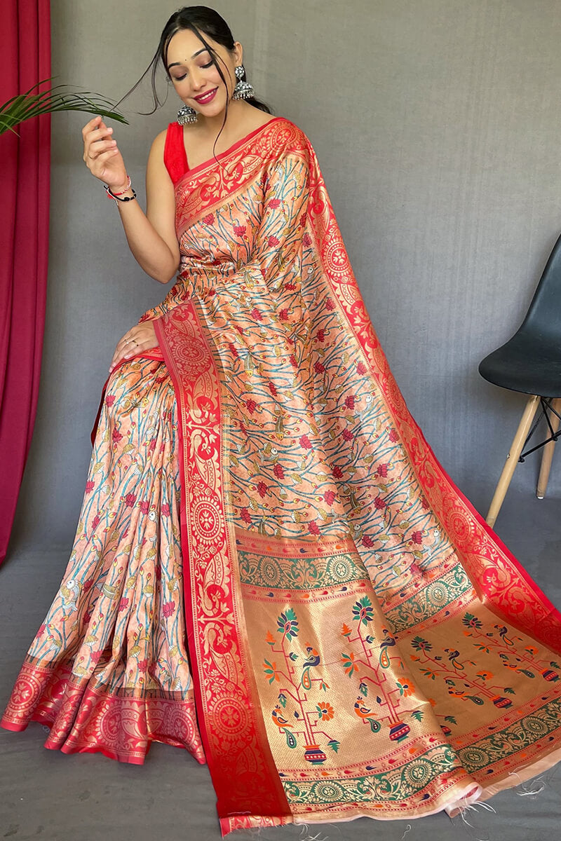 Light Peach Kalamkari Printed Silk Saree