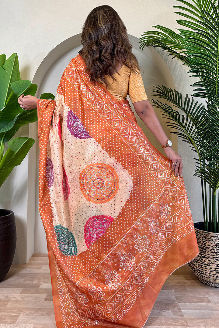 Light Peach Printed Bandhani saree