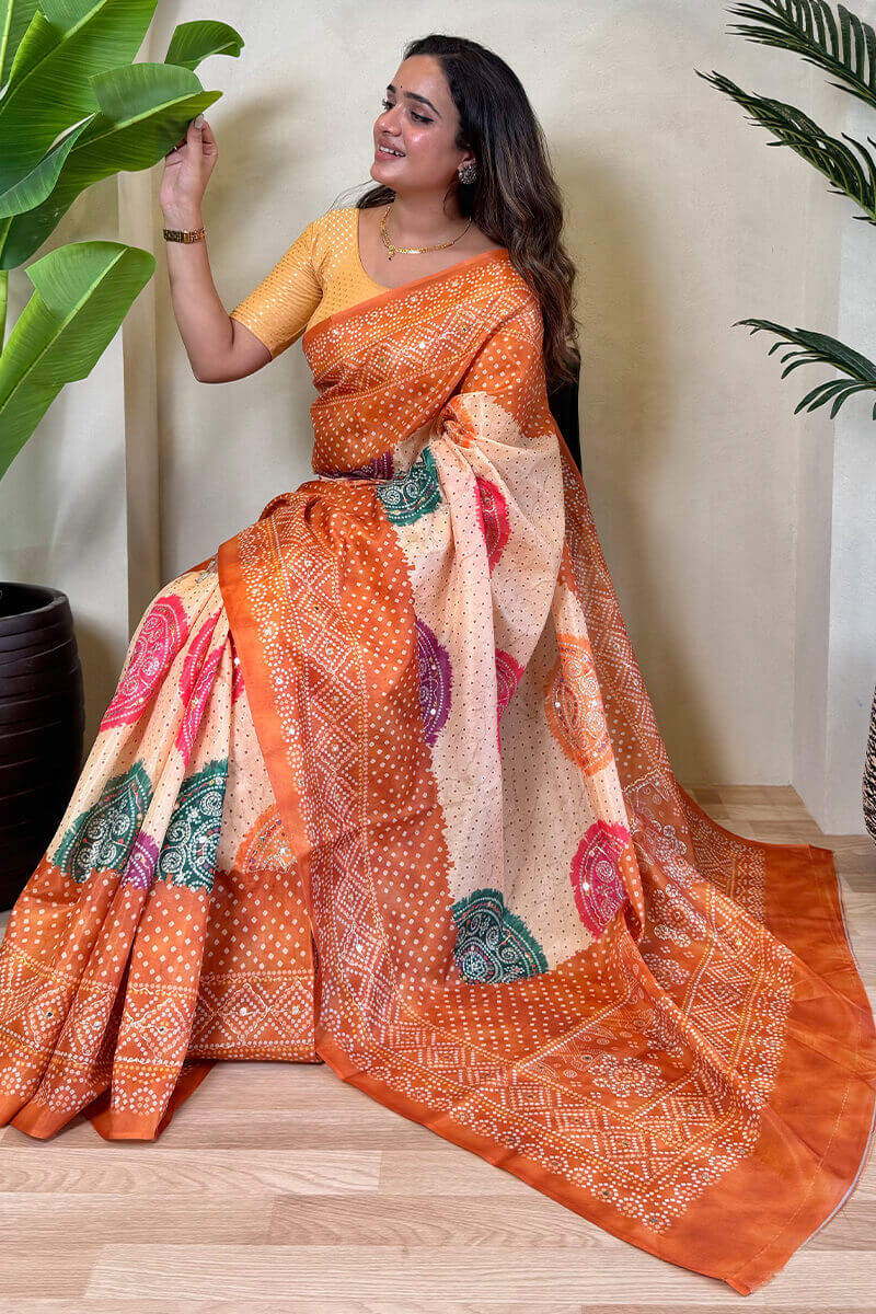 Light Peach Printed Bandhani saree