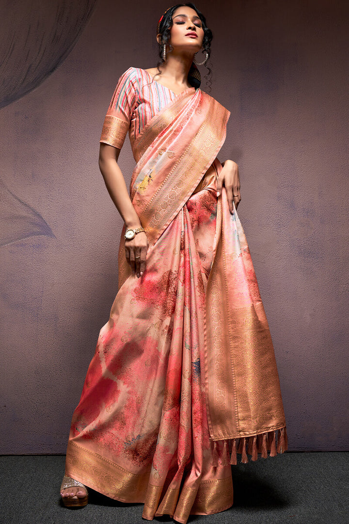 Light Peach Printed Soft Silk Saree