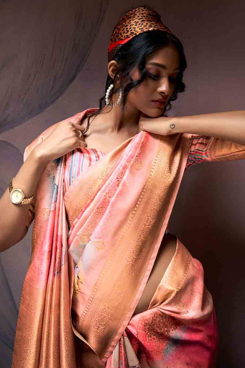 Light Peach Printed Soft Silk Saree