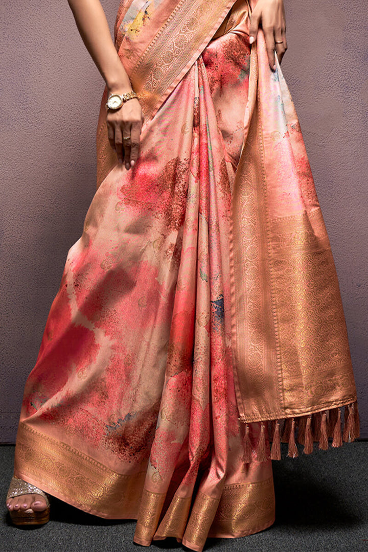 Light Peach Printed Soft Silk Saree