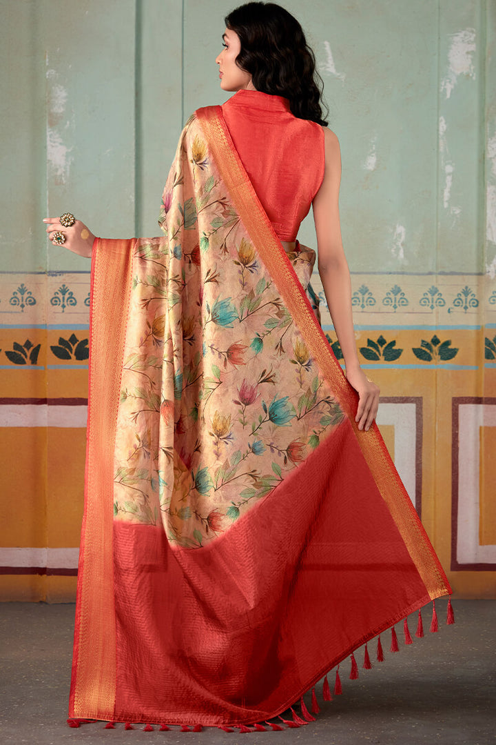 Light Peach Zari Woven Printed Tissue Silk Saree