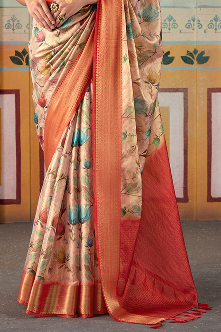 Light Peach Zari Woven Printed Tissue Silk Saree