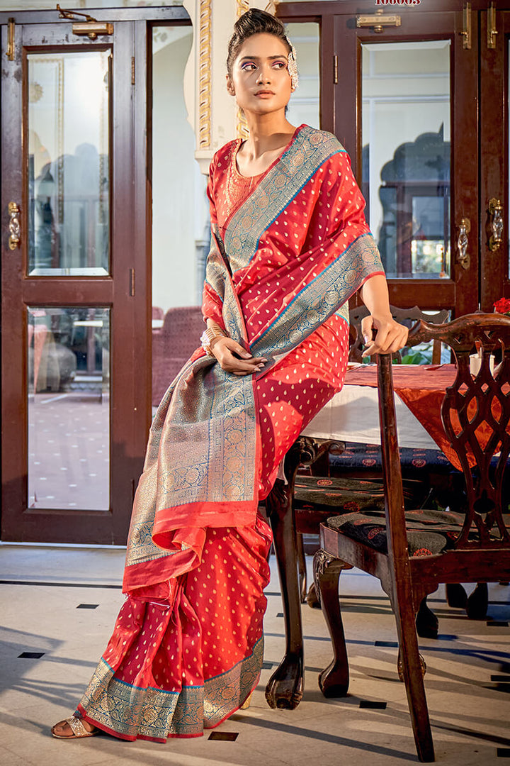 Light Red Zari Woven Banarasi Silk Saree