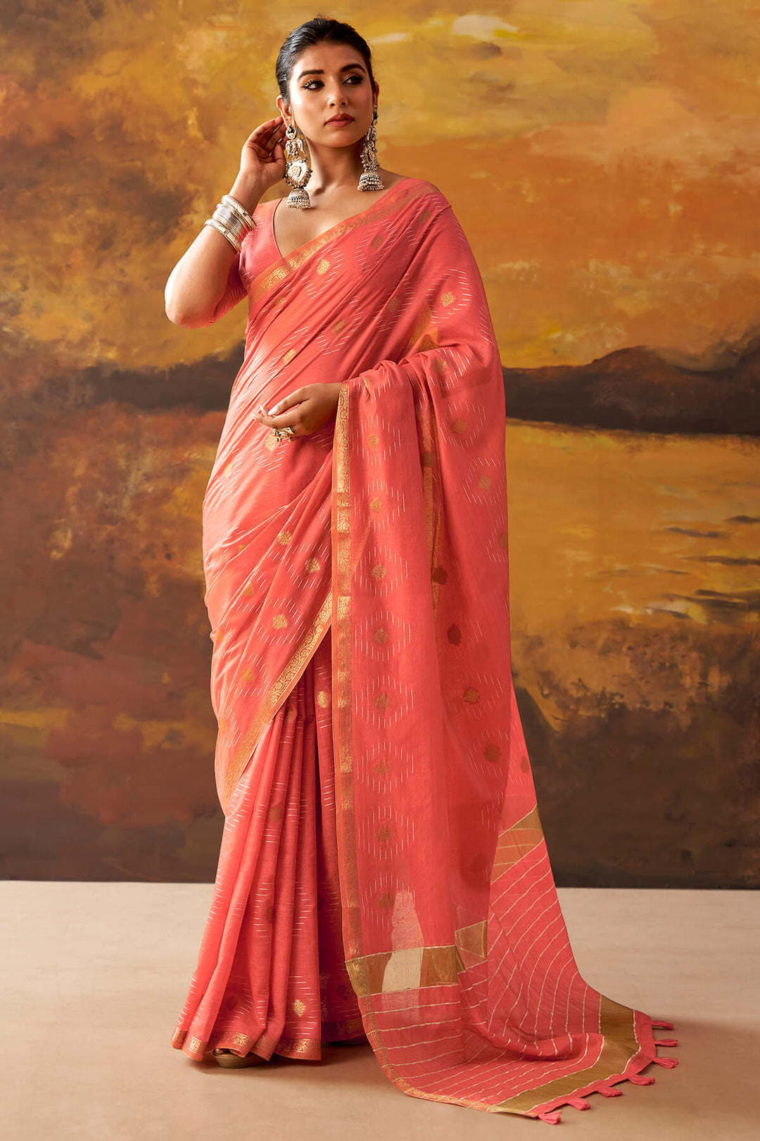 Light Red Zari Woven Cotton Silk Saree