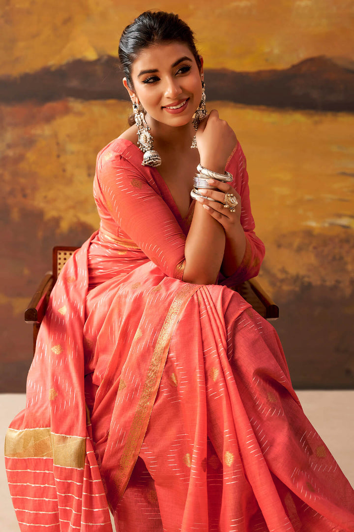 Light Red Zari Woven Cotton Silk Saree
