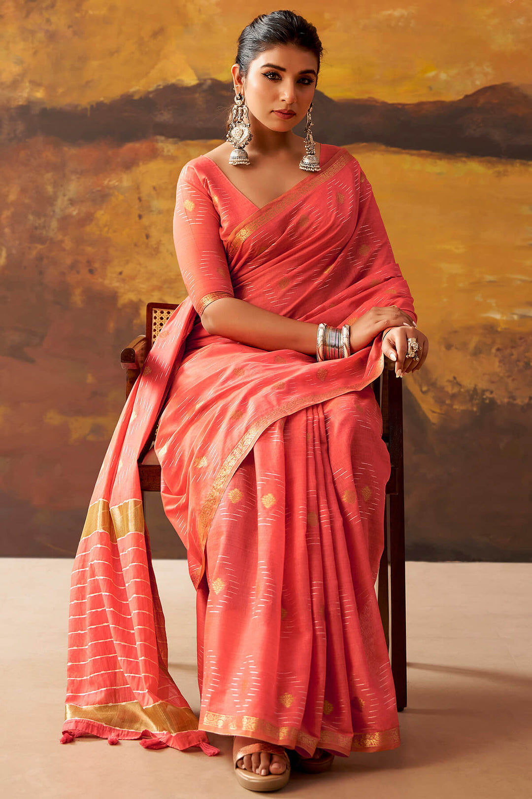 Light Red Zari Woven Cotton Silk Saree