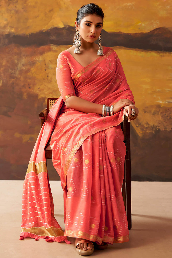 Light Red Zari Woven Cotton Silk Saree
