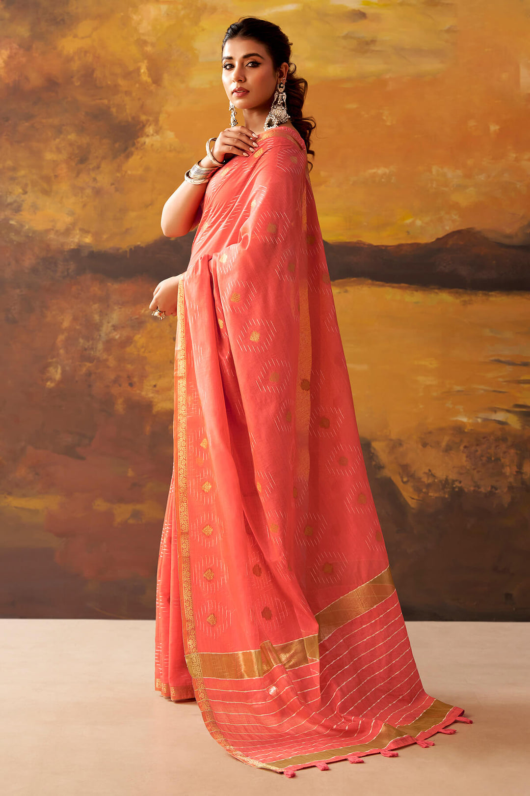 Light Red Zari Woven Cotton Silk Saree