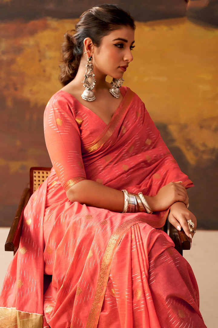 Light Red Zari Woven Cotton Silk Saree