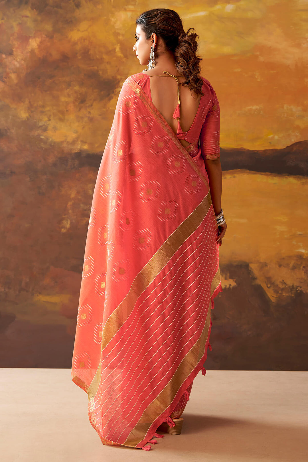 Light Red Zari Woven Cotton Silk Saree