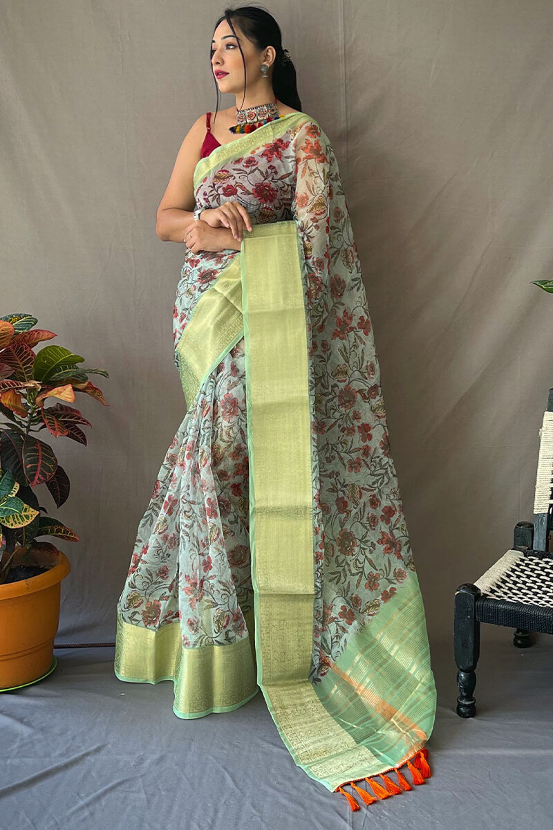 Light Sea Green Kalamkari Printed Organza Silk Saree