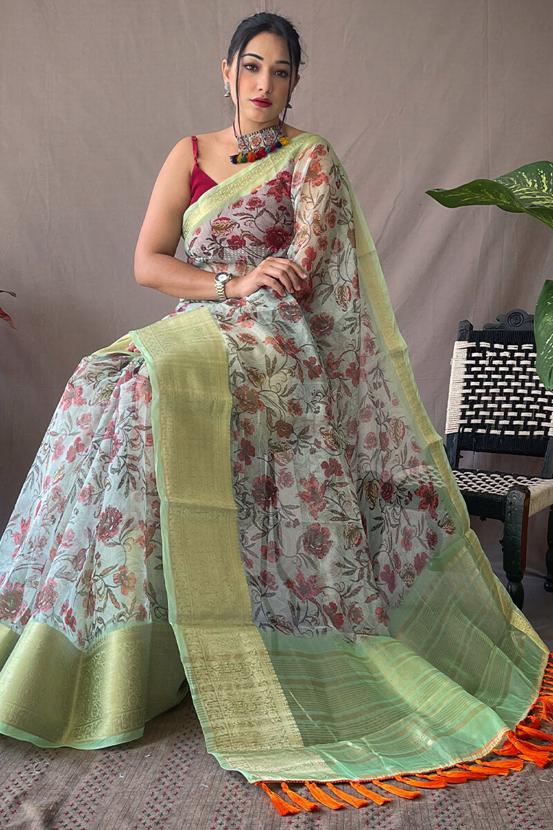 Light Sea Green Kalamkari Printed Organza Silk Saree