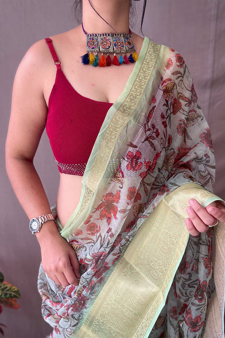 Light Sea Green Kalamkari Printed Organza Silk Saree