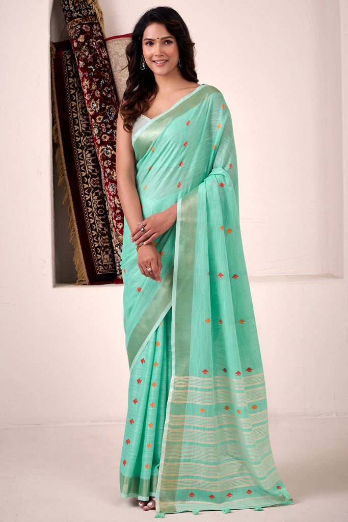 Light Sea Green Linen Cotton Silk Saree
