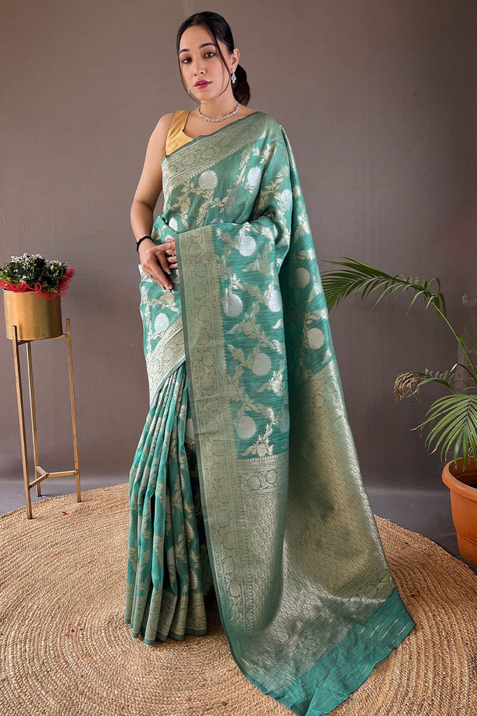 Light Sea Green Zari Woven Linen Silk Saree
