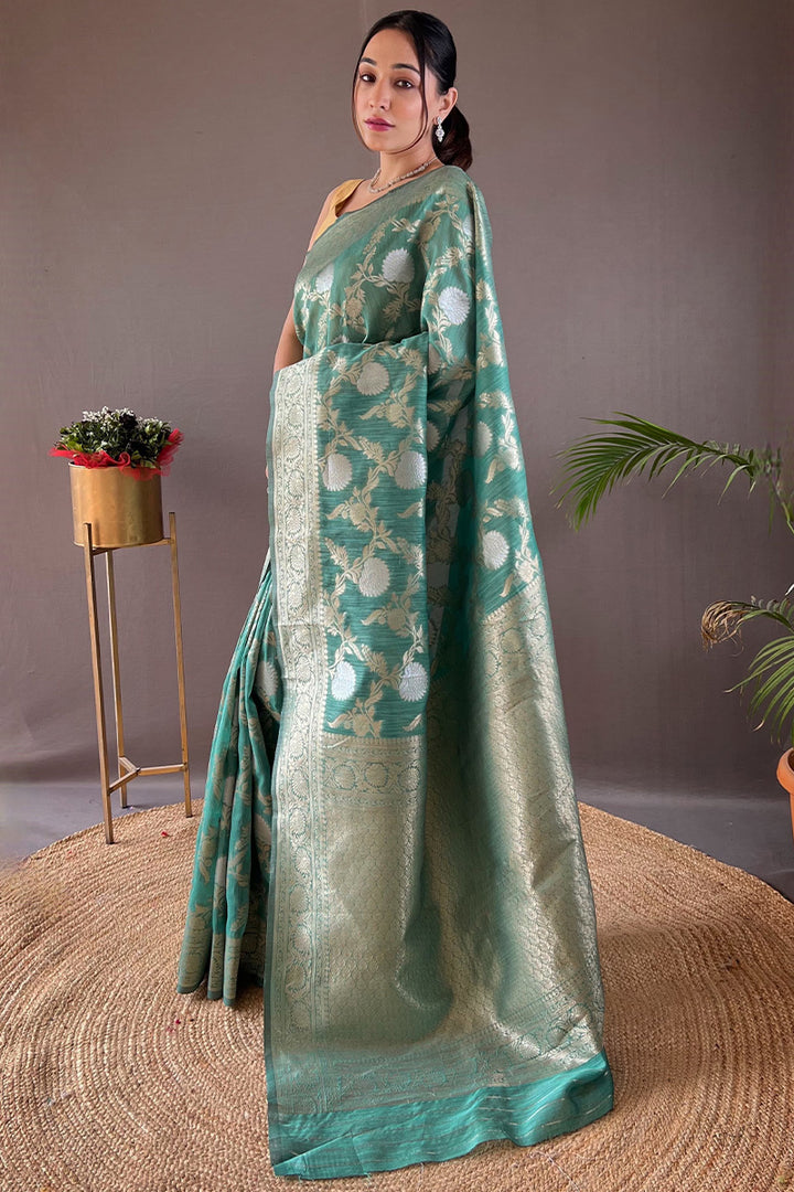 Light Sea Green Zari Woven Linen Silk Saree