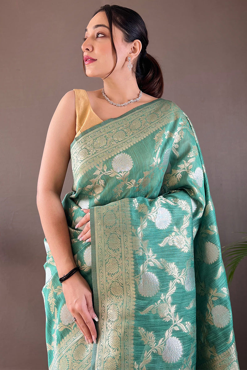 Light Sea Green Zari Woven Linen Silk Saree