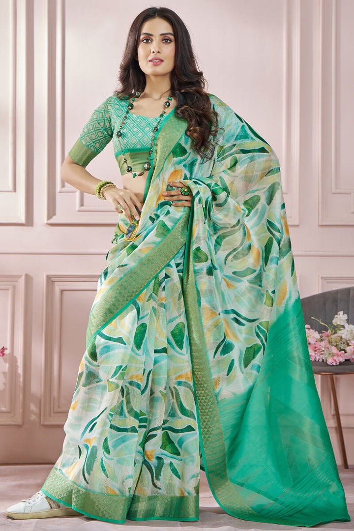 Light Sea Green Zari Woven Printed Soft Silk Saree