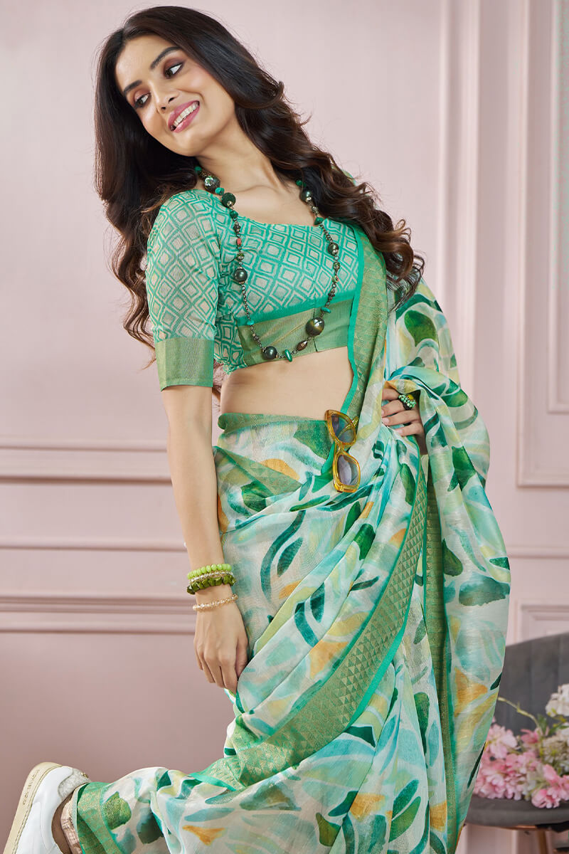 Light Sea Green Zari Woven Printed Soft Silk Saree