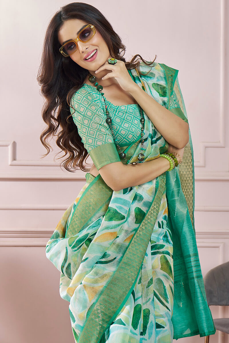 Light Sea Green Zari Woven Printed Soft Silk Saree