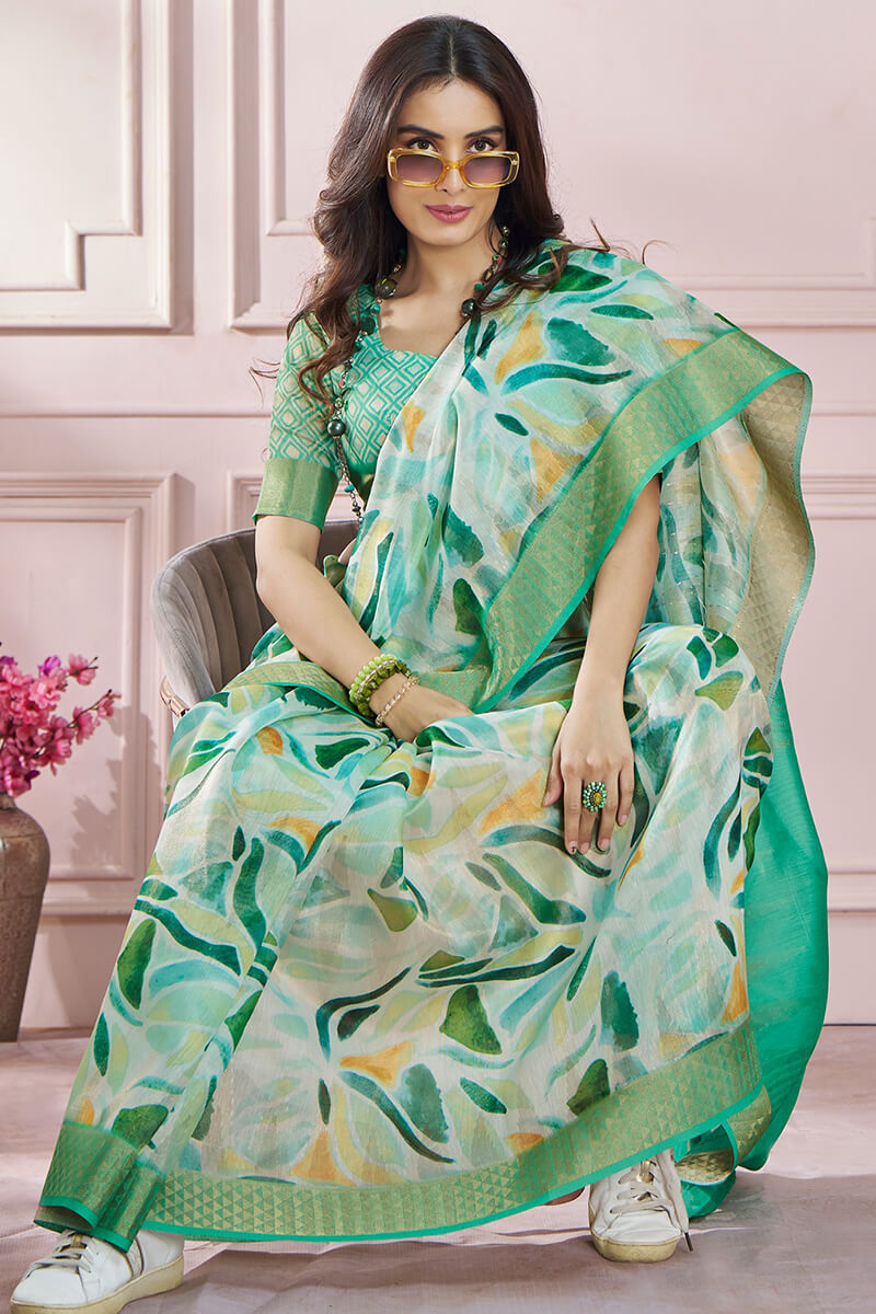 Light Sea Green Zari Woven Printed Soft Silk Saree