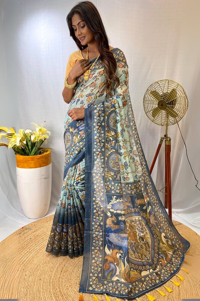 Light Sky Blue Kalamkari Printed Cotton Saree