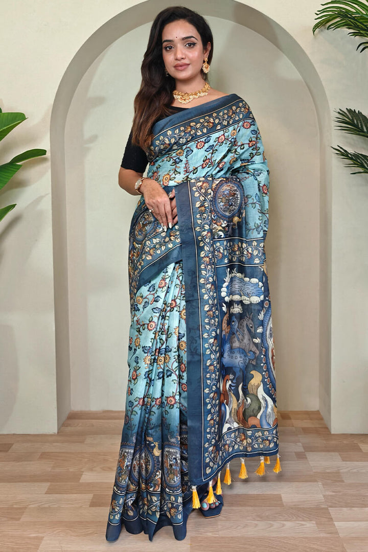 Light Sky Blue Kalamkari Printed Cotton Saree